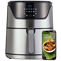 Airfryer Kumtel HAF-08 – 1800 Vt güc, 7 litr panel və 6 litr səbət tutumu, inox korpus, rəqəmsal ekran, 60 dəqiqə taymer və 200°C-yə qədər temperaturla yağsız və sürətli bişirmə üçün çoxfunksiyalı Aer