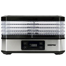 Geepas GFD63013N meyvə və tərəvəz quruducu – 500 Vt güclü, 4 qatlı, 40–70°C temperatur tənzimləyicili, 48 saat taymerli, çıxarıla bilən və yığılabilən laylı, qara-gümüş rəngli meyve qurutma üçün apara