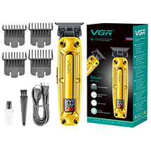 VGR V-904 saç qırxan – metal korpus, DLC örtüklü bıçaq, 2000 mAh litium batareya, 3 saata sürətli Type-C şarj, 250 dəqiqə işləmə müddəti, 0.5–9 mm tənzimlənən uzunluq, LED displey