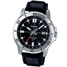Casio MTP-VD01L-1EVUDF – idman üslublu, suya davamlı kişi saatı, qara dəri qayış və funksional tarix göstəricisi