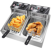 Hoffmans HM-88-2 elektrik fritözü – 12 litr tutumlu (6+6 litr iki bölmə), 5000 Vt güclü (hər bölmə üçün 2500 Vt), 150–190°C arası tənzimlənən termostatlı, çıxarılan yapışmayan yağ qablı fri aparatı